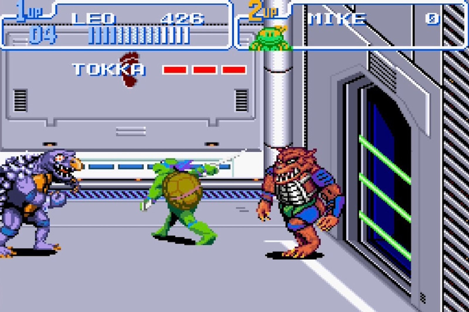 Gameplay from Teenage Mutant Ninja Turtles IV: Turtles in Time, where Leonardo fends off Tokka and Rahzar in the Technodrome