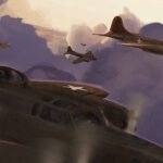 Airplanes fly through the clouds in the military victory artwork for Civilization 7.