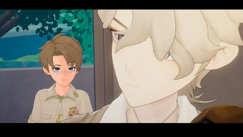 Sylvain in Starsand Island looking over his shoulder while playing violin as a man walks in behind him.