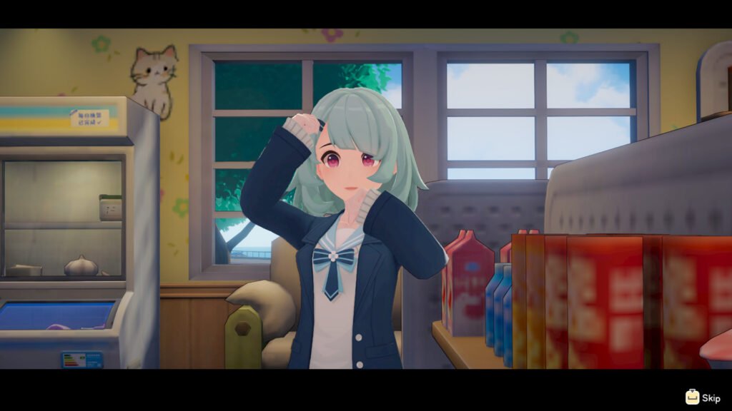 Zerine from Starsand Island looking surprised in the general store she runs.