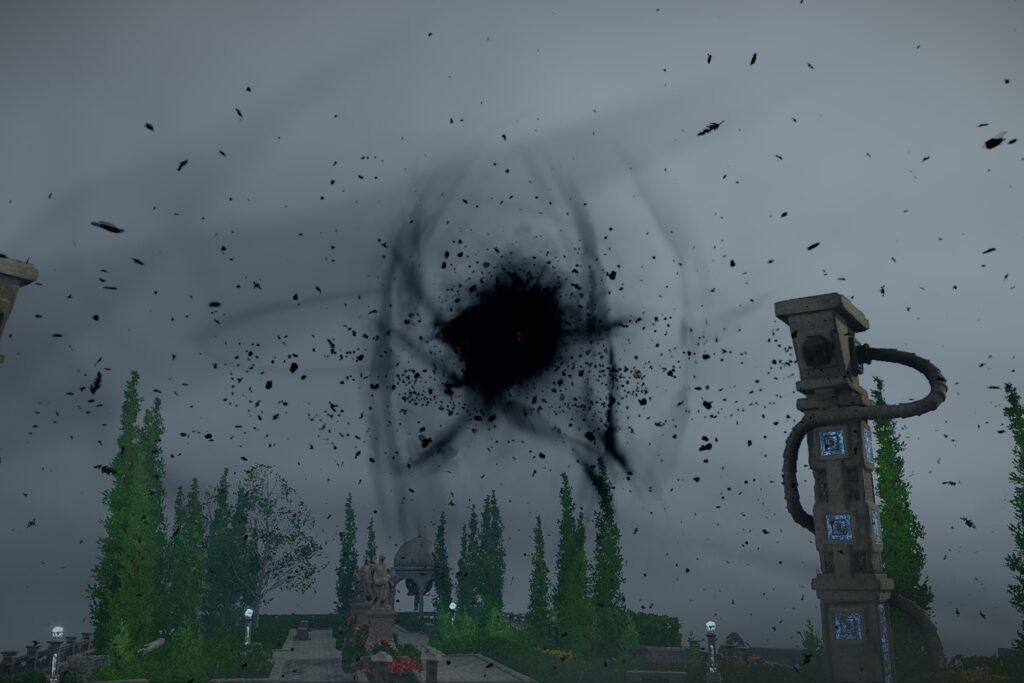 A Crimson Desert screenshot showing Tenebrum gathering dark energy in the air.