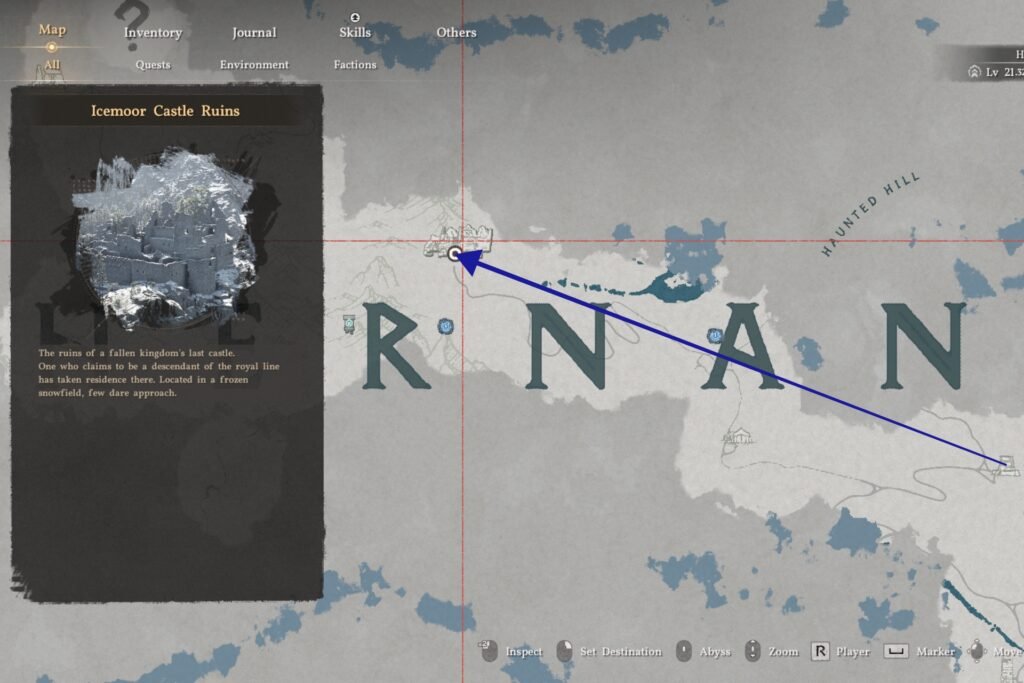 A map with an arrow from the Torchlight Beacon to the Icemoor Castle Ruins in Crimson Desert.