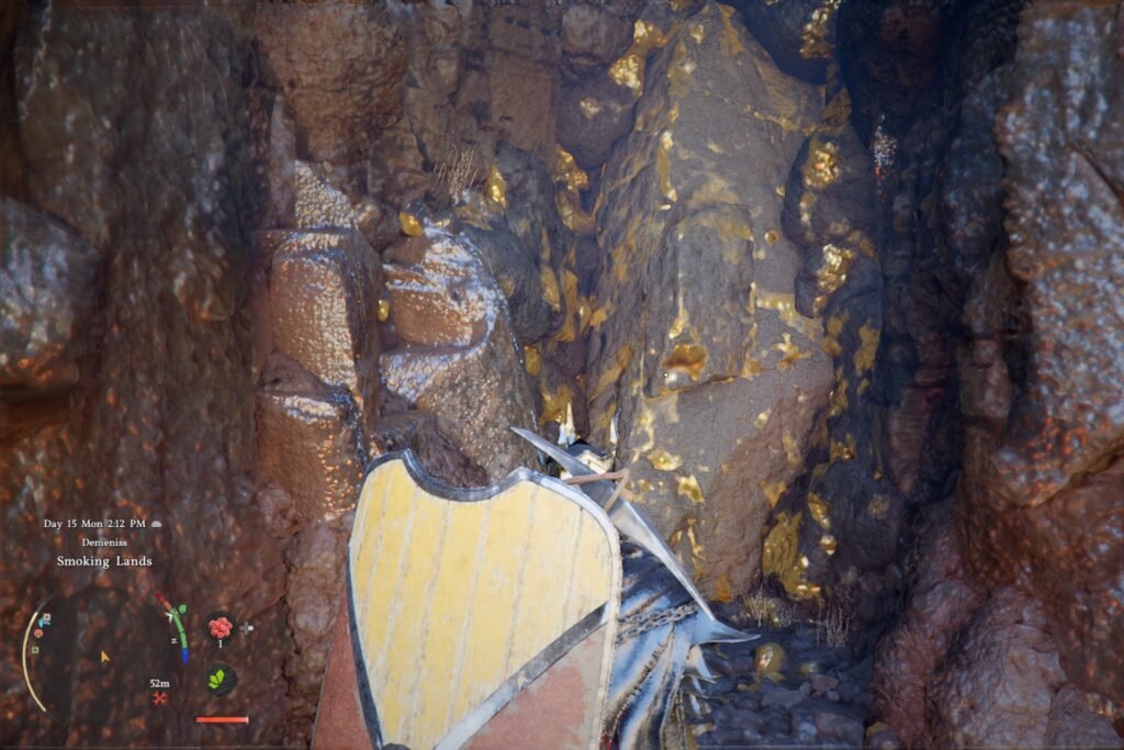 A wall in Misthand Cave blocking Kliff's path in Crimson Desert.