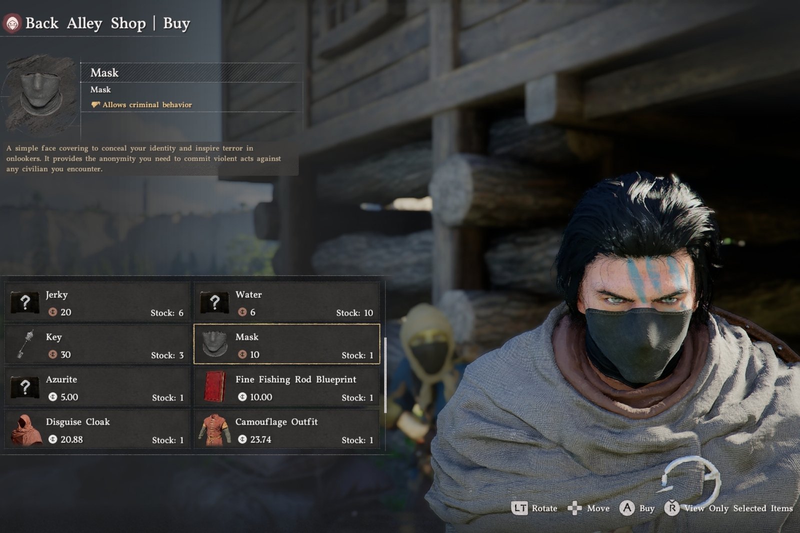 Buying a mask that allows you to steal and pickpocket in Crimson Desert.
