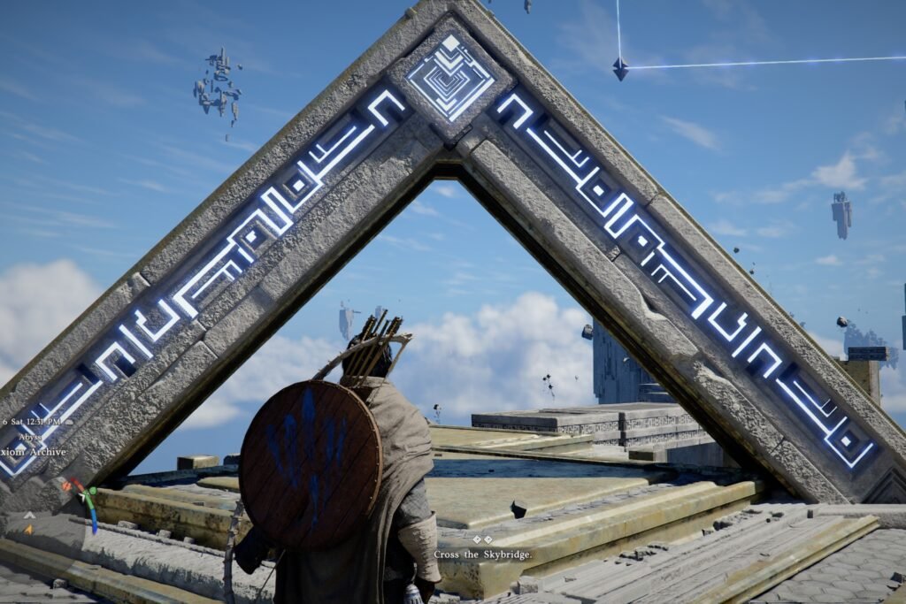 Kliff before a triangular skybridge gate in Crimson Desert.