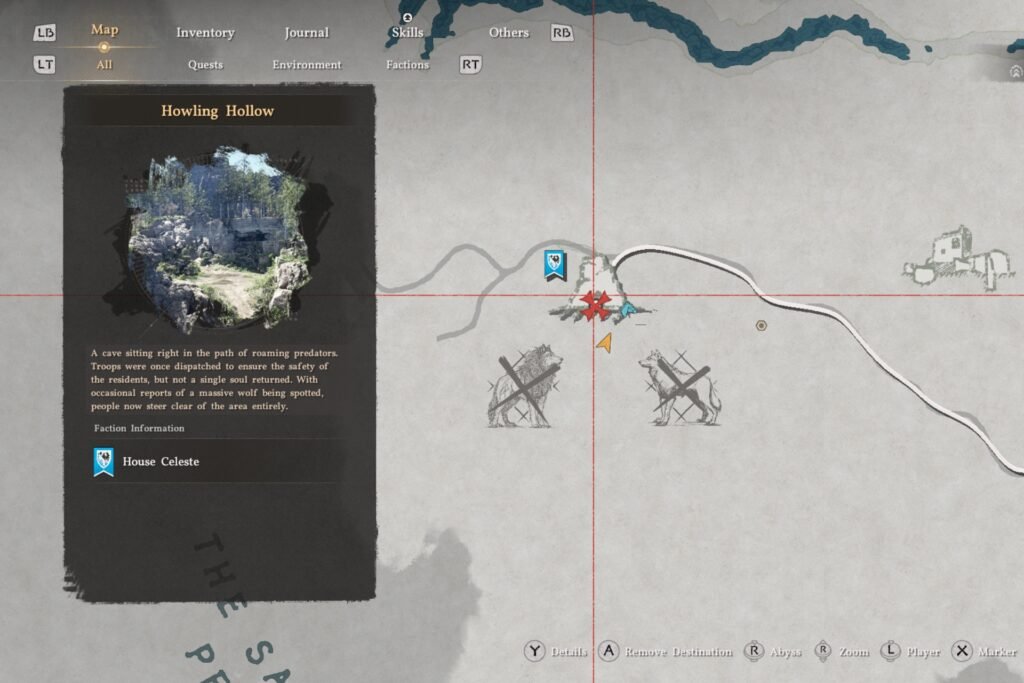 Crimson Desert map showing location of the Howling Hollow cave.