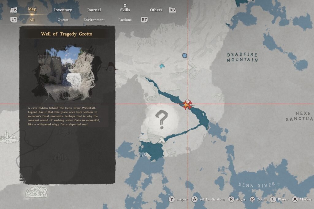 Crimson Desert map showing location of the Well of Tragedy Grotto.