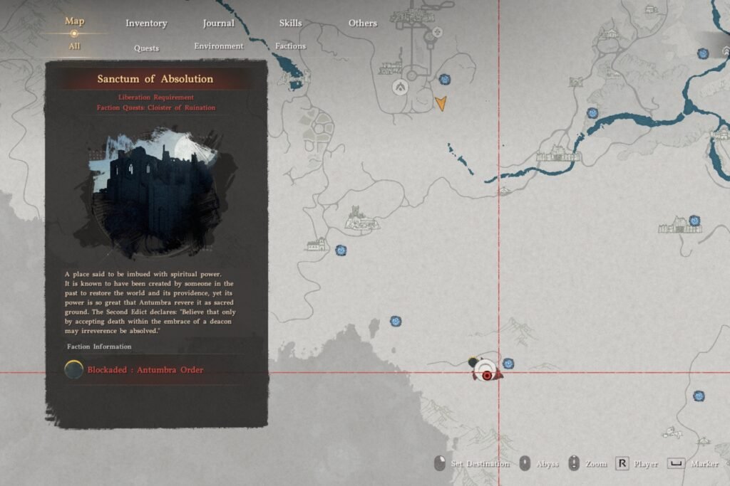 Crimson Desert map showing the location of the Sanctum of Absolution where Antumbra's Sword is located.