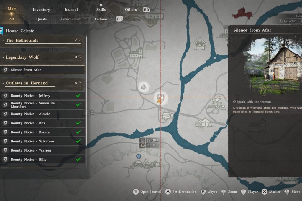 Crimson Desert map showing location of the Silence from Afar subquest.