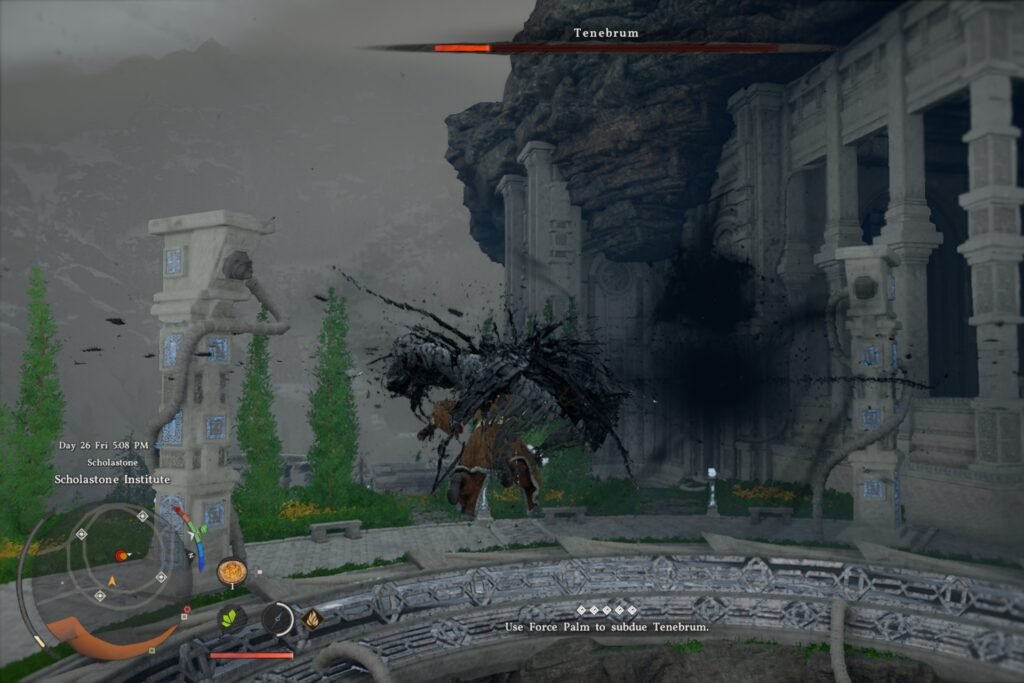 Crimson Desert screenshot showing Kliff about to use Force Palm on Tenebrum.