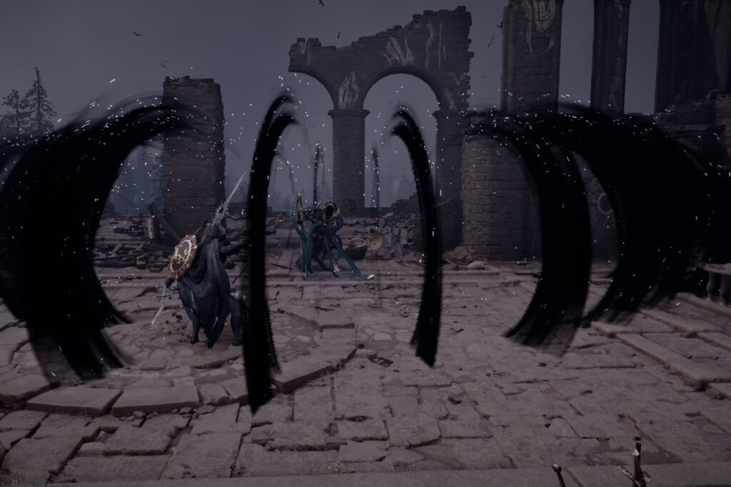 Crimson Desert screenshot showing Kliff inside a ring of black slicers coming from Antumbra's Sword.