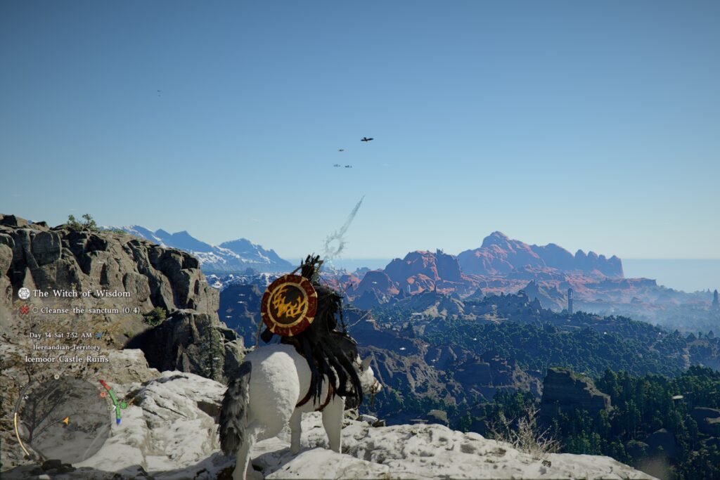 Crimson Desert screenshot showing Kliff on Silver Fang's facing the varied landscape of Pywel.