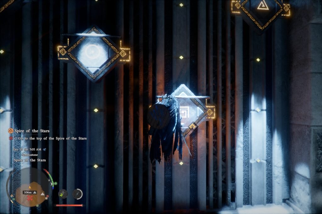 Crimson Desert screenshot showing Kliff solving the Spire of the Stars puzzle..