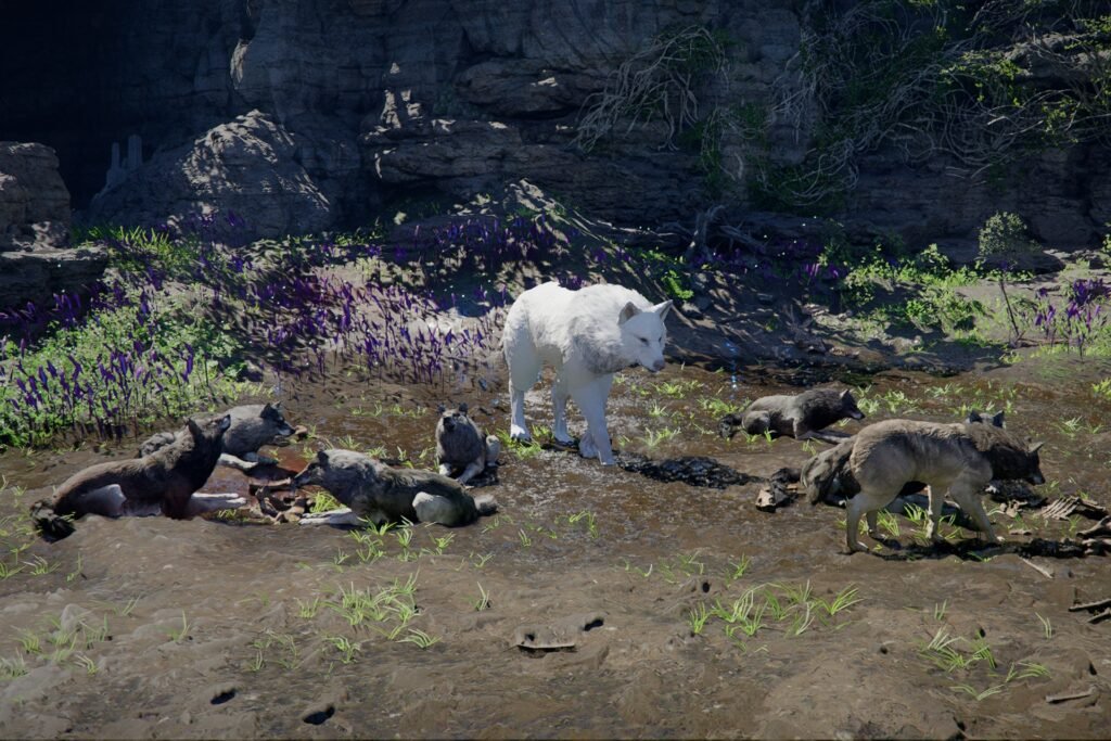 Crimson Desert screenshot showing a large white wolf among a pack of smaller grey wolves.