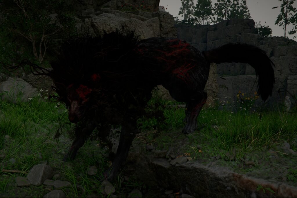 Crimson Desert screenshot showing the Black Fang legendary wolf.