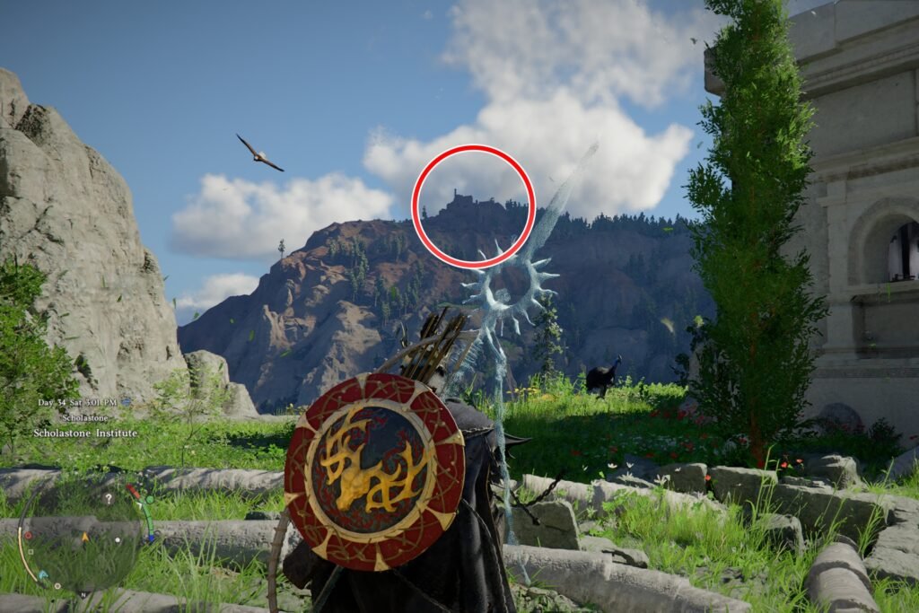 Crimson Desert screenshot showing the Sanctum of Absolution circled in red atop a mountain.