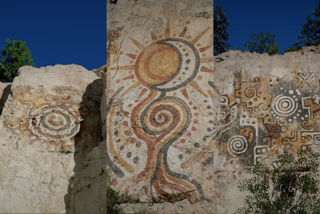 Crimson Desert collage showing three painted murals on a mountain wall.