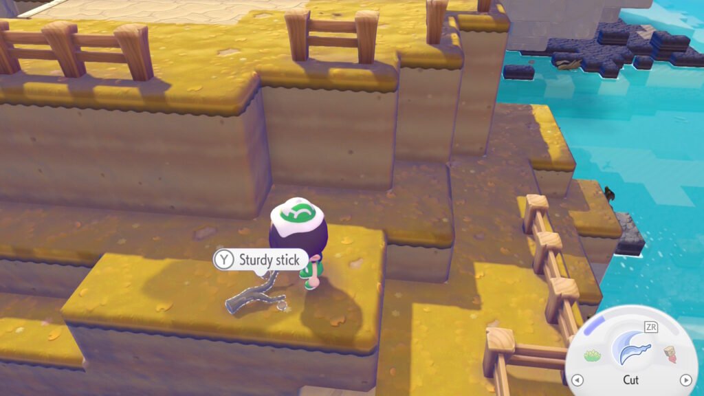 Ditto inspecting a Sturdy Stick in Pokemon Pokopia.