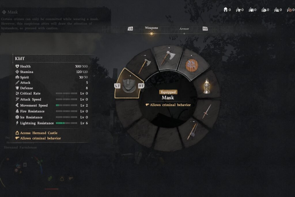 Equipping the Mask that allows for criminal behavior in Crimson Desert.