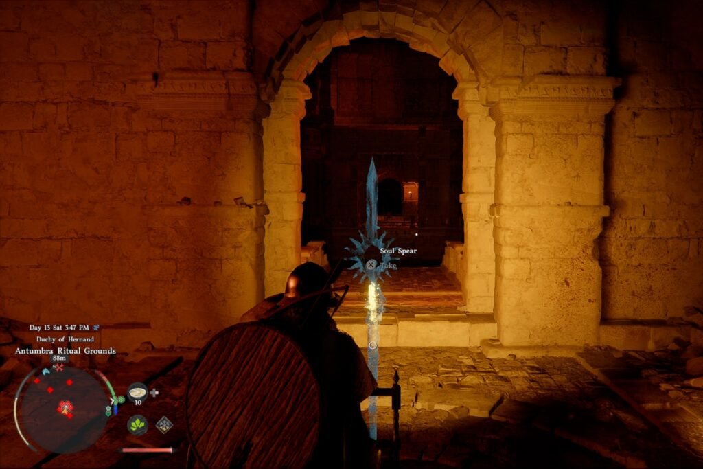 Kliff about to grab the Soul Spear in Crimson Desert.