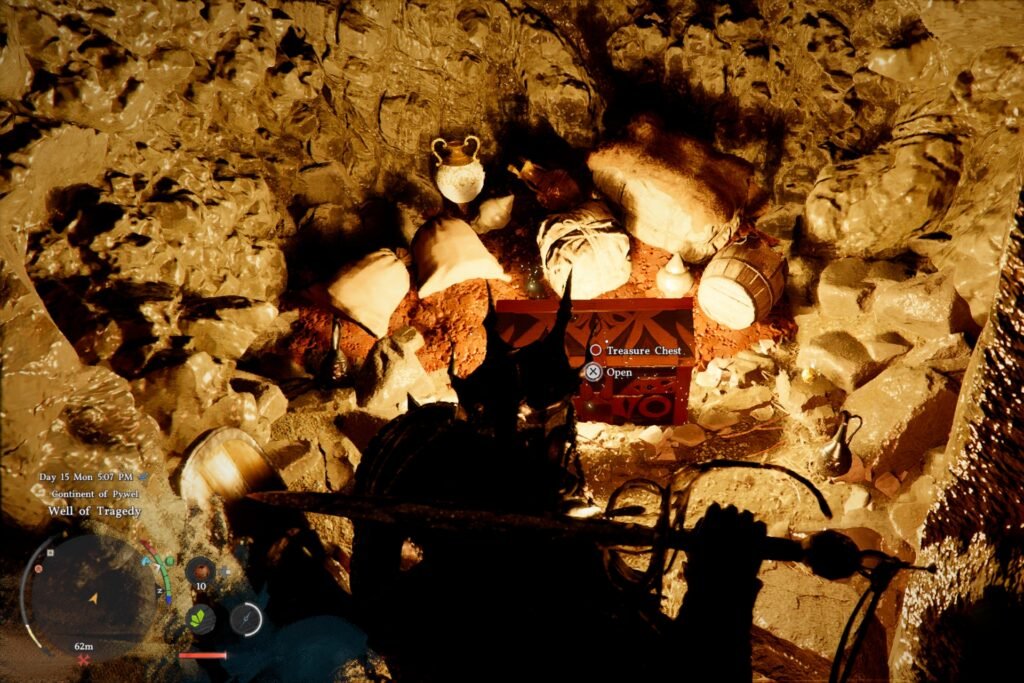 Kliff about to open the Frostcursed Plate Boot containing chest in Crimson Desert.