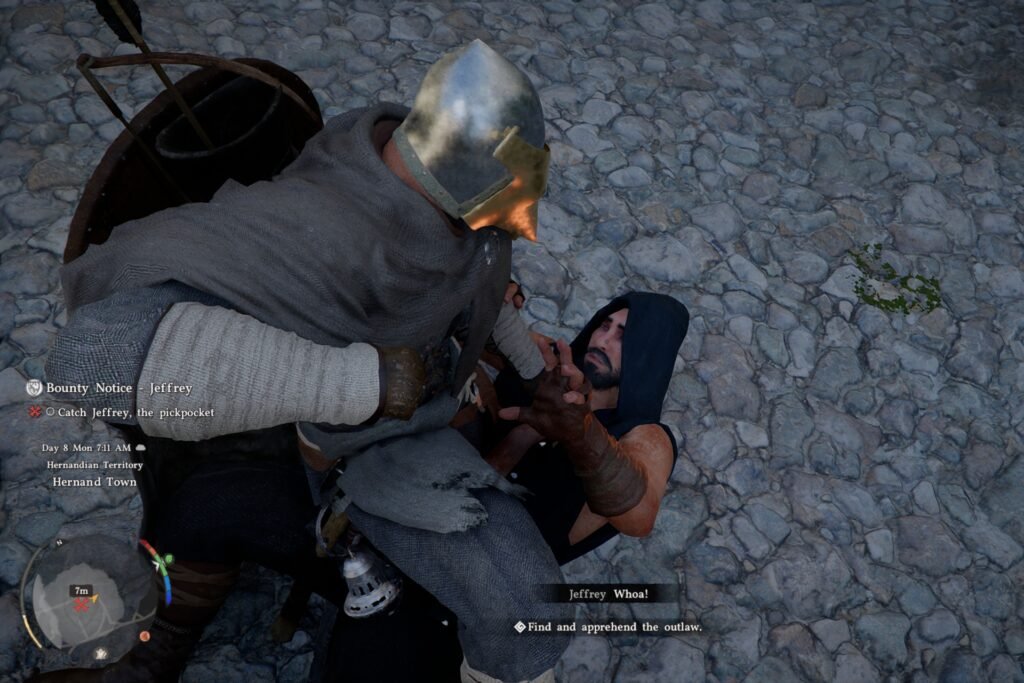 Kliff apprehending the outlaw Jeffrey in Crimson Desert.