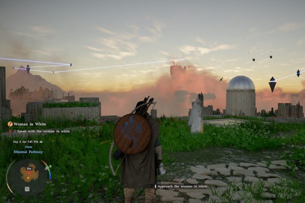 Kliff approaching the woman in white in Crimson Desert.