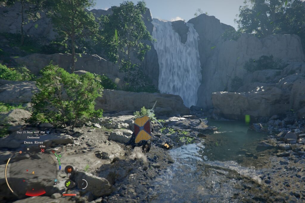 Kliff approacing the Lunar Spirit Grotto waterfall in Crimson Desert.