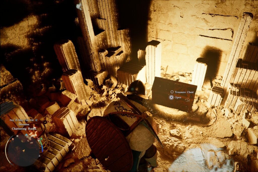 Kliff before a chest holding the Frostcursed Plate Helm in Crimson Desert.