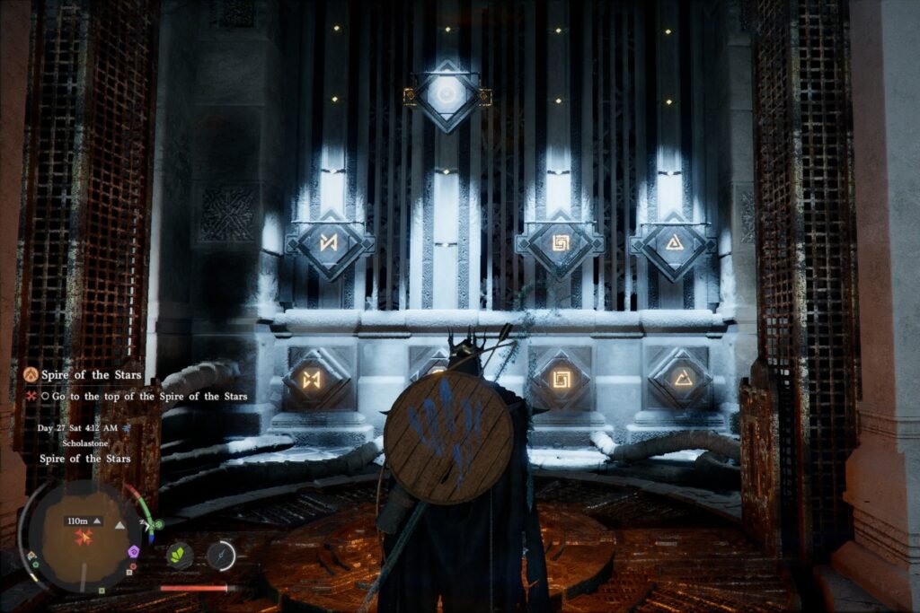 Kliff before a wall bearing eight plates bearing glowing symbols in Crimson Desert.