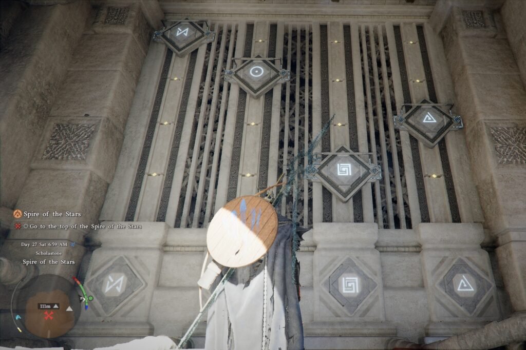 Kliff before the solved Spire of the Stars puzzle in Crimson Desert.