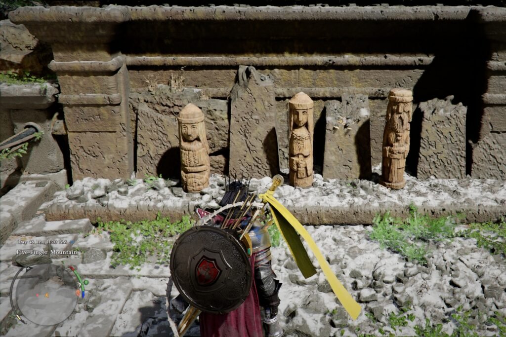 Kliff before three statues holding a shield, hammer, and a sword in Crimson Desert.