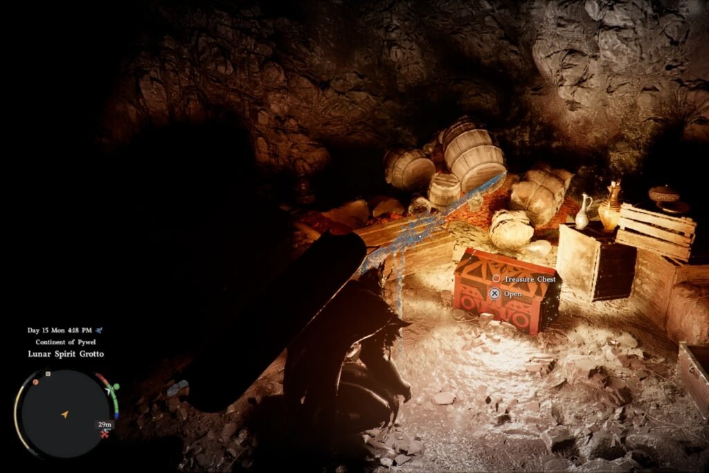 Kliff crouching in the Lunar Spirit Grotto in front of a chest in Crimson Desert.