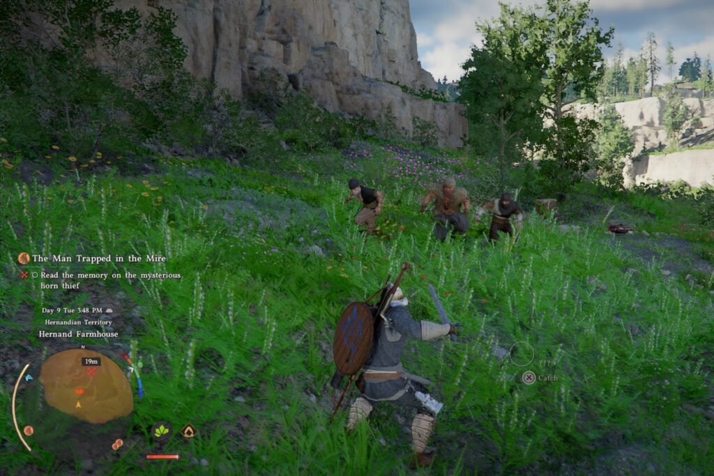 Kliff facing off three bandits in Crimson Desert.