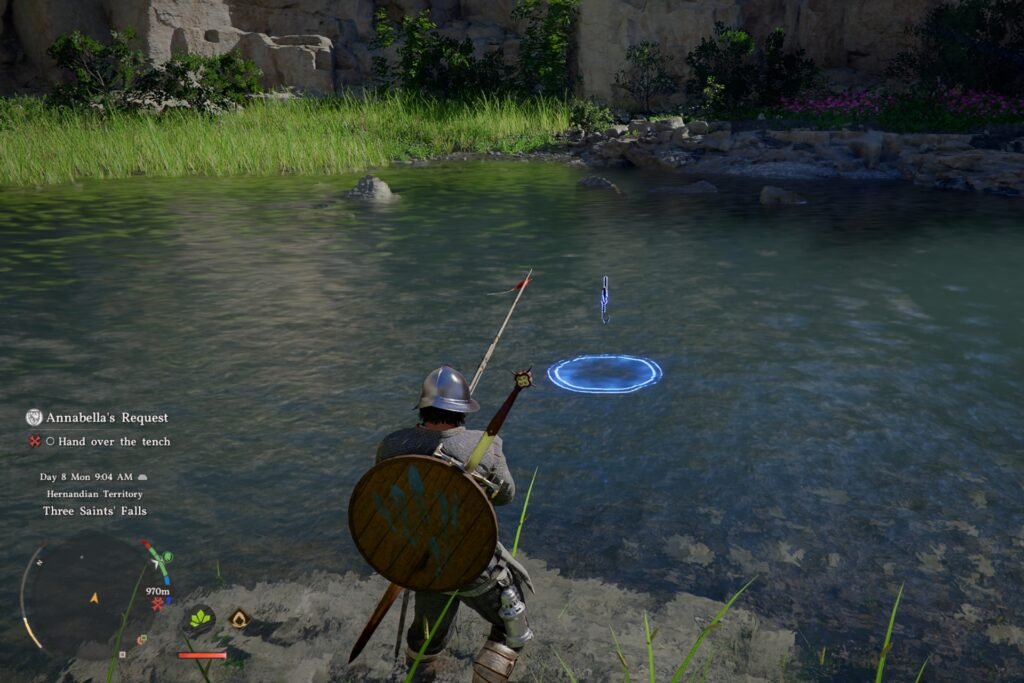 Kliff fishing in a river in Crimson Desert.