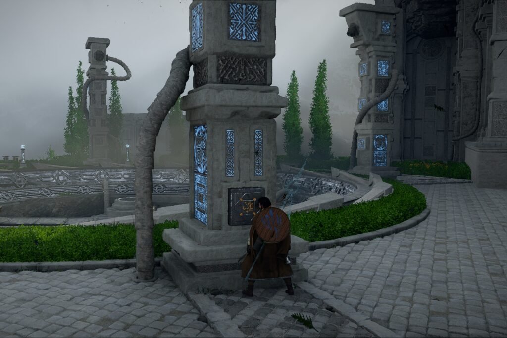 Kliff hiding behind a pillar in the Tenebrum boss arena in Crimson Desert.