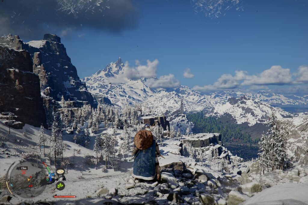 Kliff in Crimson Desert standing on a snowy cliff in the Argent Peaks overlooking jagged mountain range.