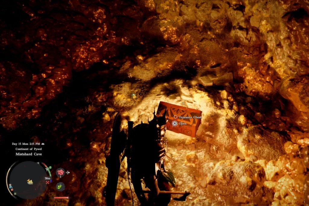 Kliff in a dimly lit cave before a chest containing Frostcursed Plate Armor in Crimson Desert.