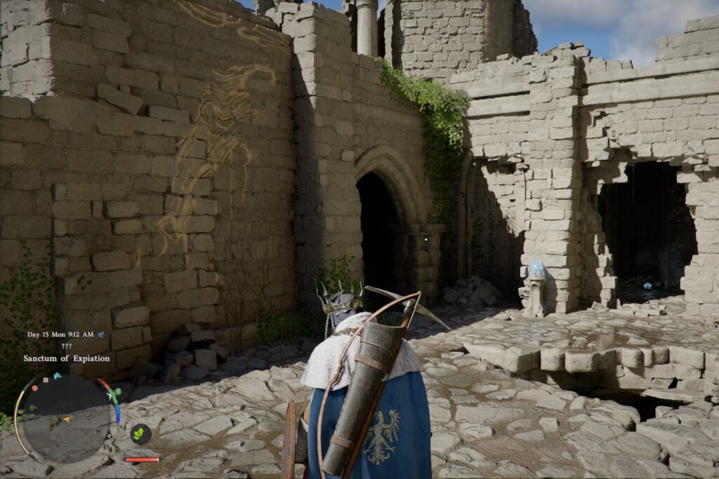 Kliff in some ruins with a cracked floor and two doorways in Crimson Desert.