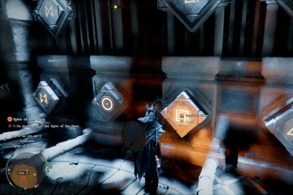 Kliff inserting the engraved stone in Crimson Desert.