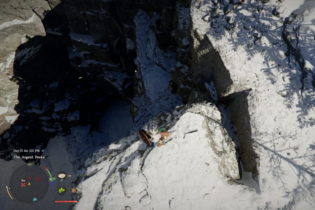 Kliff looking down at ledge from the the edge of a cliff in Crimson Desert.