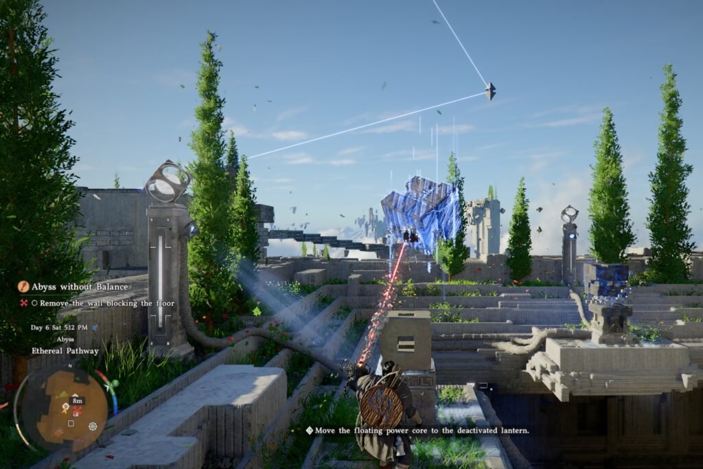 Kliff moving a power core with Axiom Force in Crimson Desert.