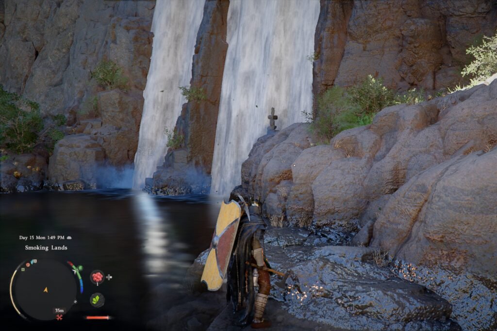 Kliff near the Misthand Cave waterfall in Crimson Desert,