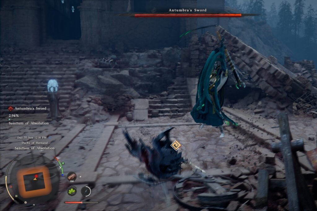 Kliff rolling away from the Antumbra's Sword boss's attack.