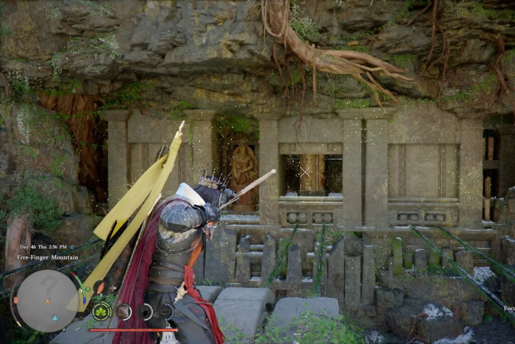 Kliff shooting an arrow to solve the Five-Finger Mountain Valley Ruins puzzle in Crimson Desert.