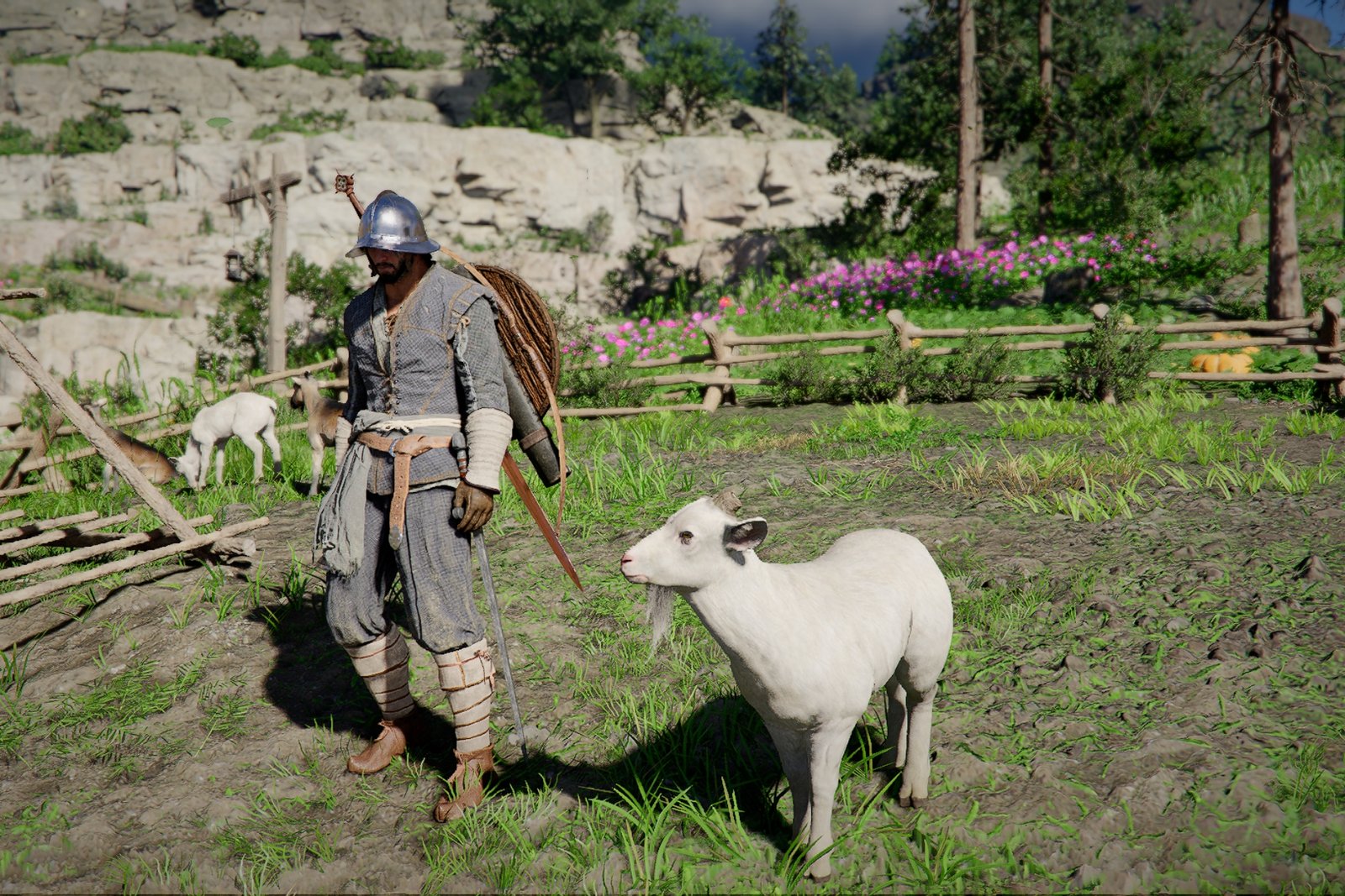 Kliff standing next to a goat in the Man Trapped in Mire quest of Crimson Desert.