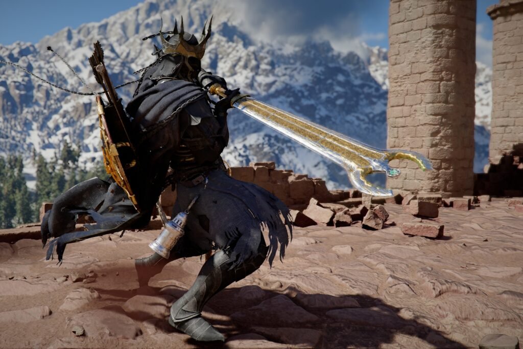 Kliff wielding the Vessel of Dark Pursuit longsword in Crimson Desert.