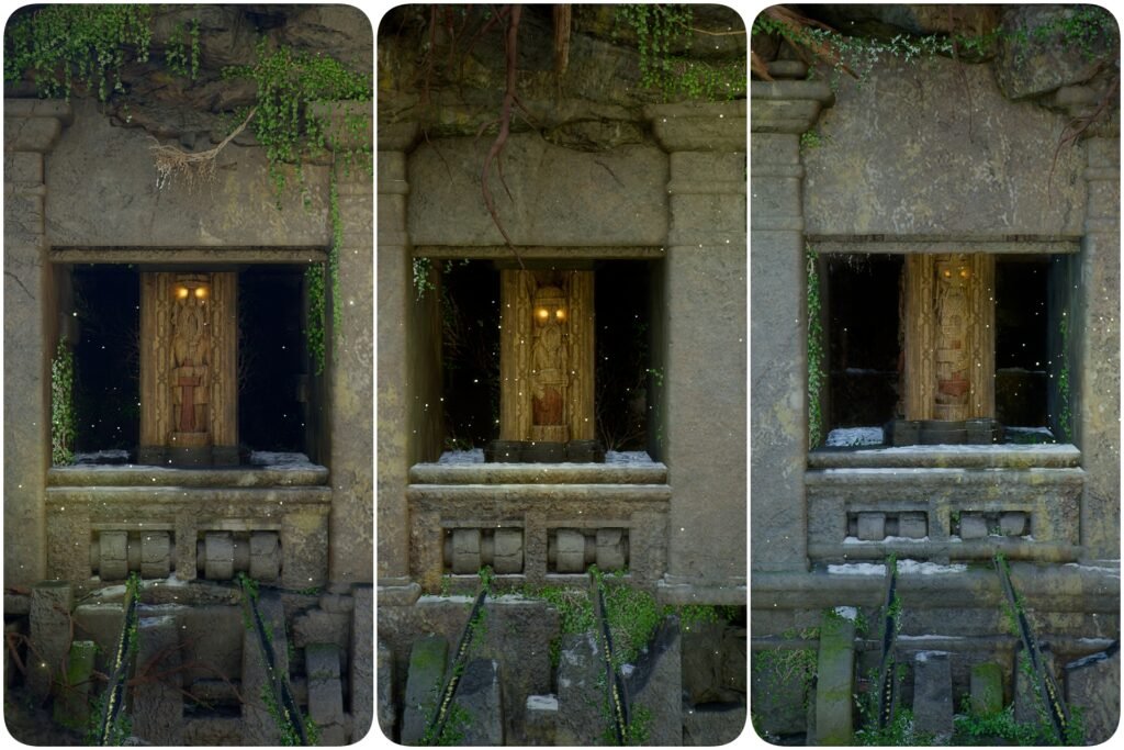 Left to right, statues with glowing eyes holding sword, shield and hammer in Crimson Desert.