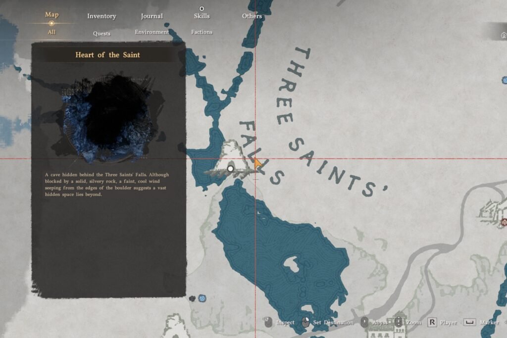 Location of the Heart of the Saint waterfall shown on the Crimson Desert map.