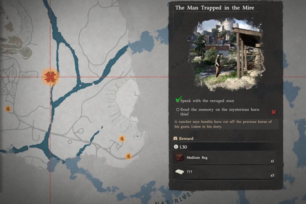 Marked location showing the Man Trapped in the Mire quest in Crimson Desert.